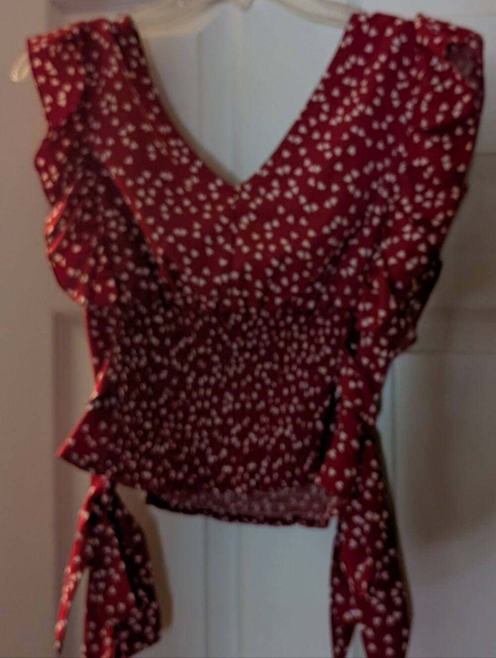 Women's Red Floral V-Neck Ruffle Tie Waist Top